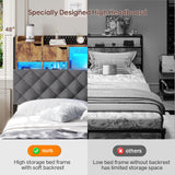 busyaeh King Size Bed Frame with Upholstered Storage Headboard, King Bed Frame with Smart LED Lights, Camas King Bed with Charging Station,Noise-Free, Metal Support, No Box Spring Needed, Gray busyaeh