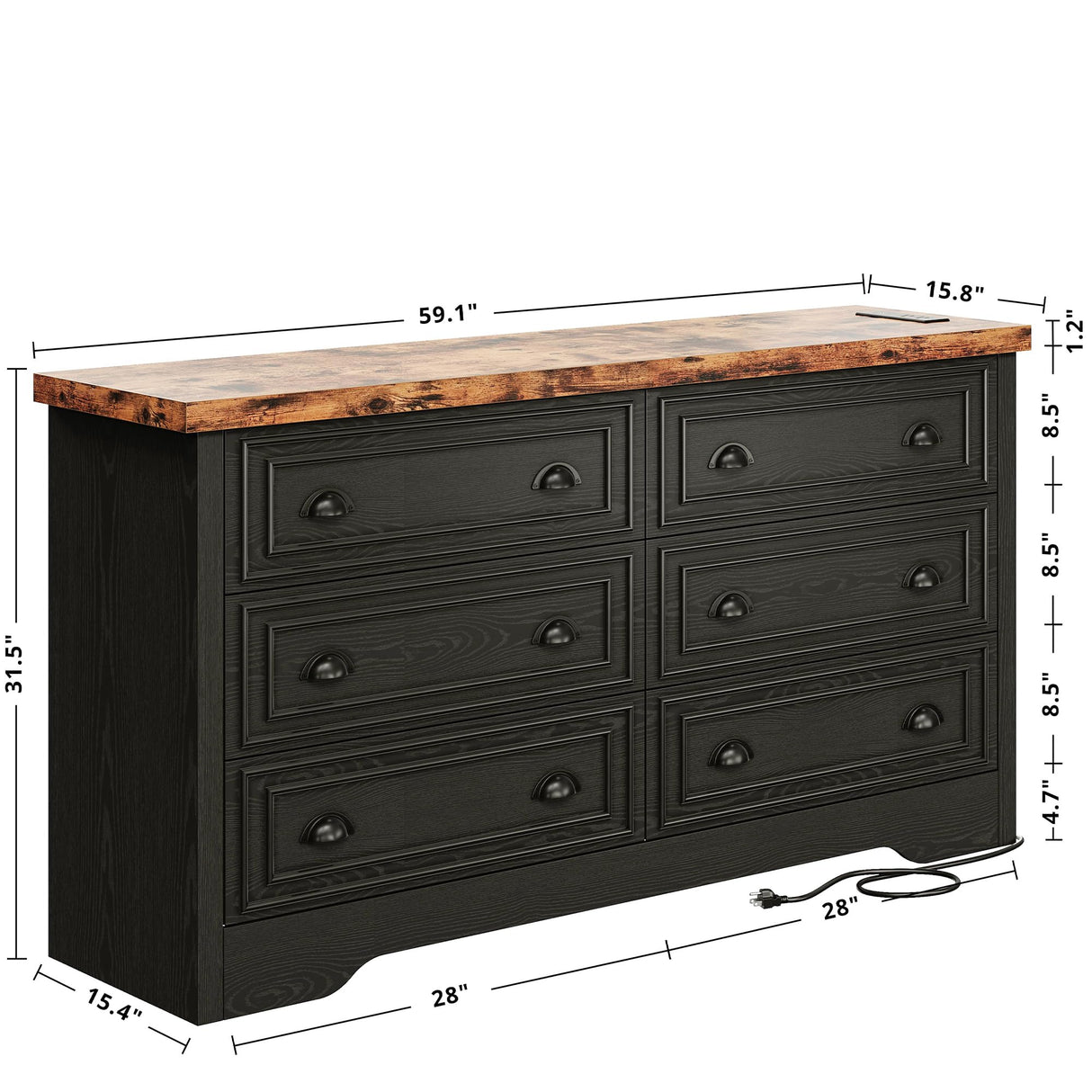 LIKIMIO 59" 6 Drawers Dresser for Bedroom, Power Strip, Farmhouse Moden Large Wood Dressers & Chest of Drawers with Wide Storage Cabinet, Black LIKIMIO
