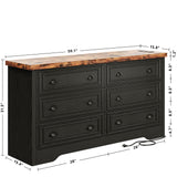 LIKIMIO 59" 6 Drawers Dresser for Bedroom, Power Strip, Farmhouse Moden Large Wood Dressers & Chest of Drawers with Wide Storage Cabinet, Black LIKIMIO
