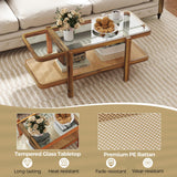 Giantex Rattan Coffee Table, 47.5" Rectangle Solid Wood Tea Table w/Tempered Glass Tabletop, Rattan Storage Shelf, 2-Tier Boho Coffee Tables, Farmhouse Center Table for Living Room (Oak) Giantex