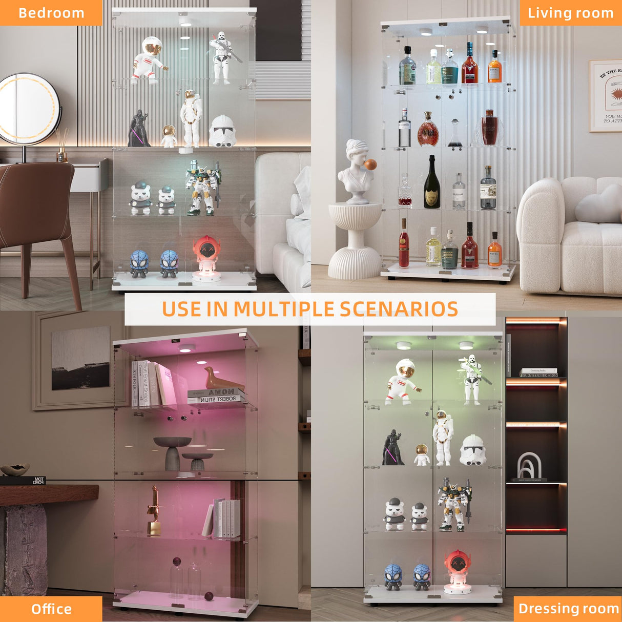 LFT HUIMEI2Y Glass Display Cabinet with LED Lights and Lock, 2 Door Curio Cabinets, Tempered Glass Collection Display Showcase for Bedroom, Living Room 65” White LFT HUIMEI2Y