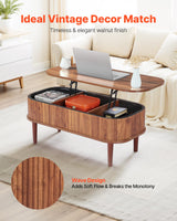 VEVOR Fluted Lift Top Coffee Table, Oval Walnut Coffee Table with 3 Hidden Compartment, Mid Century Modern Wood Center Table with Storage, Lift up Tabletop for Home Living Room Office, Easy Assembly VEVOR