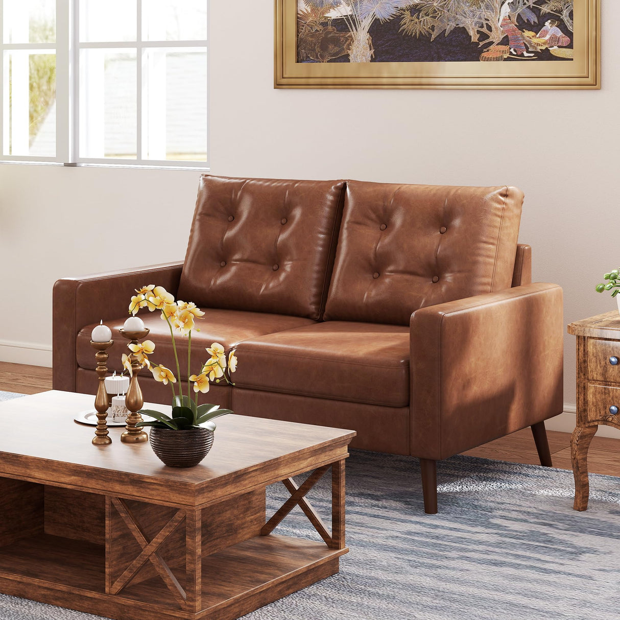 HNY Mid Century Modern 53” Loveseat Sofa, Comfy Upholstered Button Tufted Faux Leather 2 Seater Small Sofa Couch, Lounge Sleeper Love Seats for Small Spaces Living Room Apartment Bedroom, Brown HNY