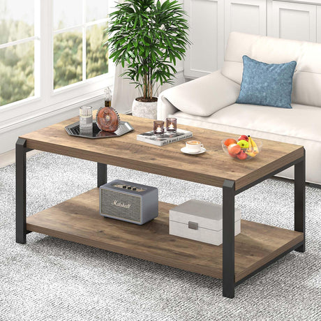 EXCEFUR Modern Coffee Table, Rustic Wood and Metal Center Table for Living Room, Industrial Rectangle Cocktail Tea Table with Storage, Oak EXCEFUR