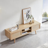 GSSDEE Boho TV Stand for 65+ Inch TV, Farmhouse Wood Television Stand with Natural Rattan Sliding Doors, Media Console Center Natural Style (Natural Oak, TV Stand 55.12" L x 15.75" W x 18.31" H) GSSDEE