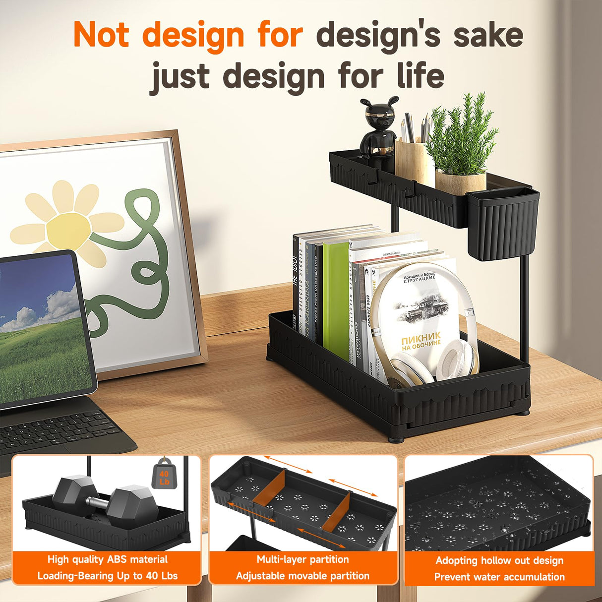 Sevenblue 3 Pack Under Sink Organizers and Storage L-Shaped, 2 Tier Sliding Bathroom Organizers and Storage with Hooks Hanging Cup, Multi-Purpose Cabinet Organizers for Kitchen Bathroom, Black Sevenblue