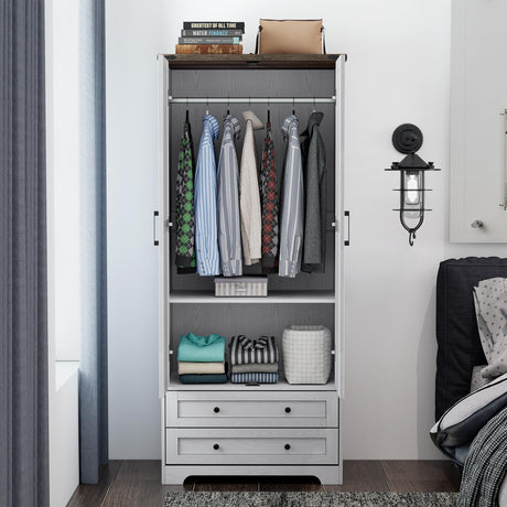 Yechen 71" Wooden Armoire Wardrobe Closet - Modern Functional Clothes Tall Storage Cabinet with Adjustable Shelf and Hanging Rail, Sturdy Freestanding Closet Wardrobe with 2 Wide Drawers for Bedroom Yechen