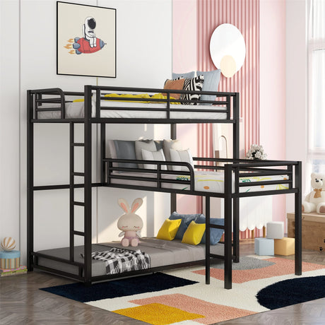 Metal Triple Bunk Bed Twin Size, L-Shaped Metal Triple Bunk Bed Frame, 3 Beds Bunk Bed for Kids Teens Adults - Black Merax
