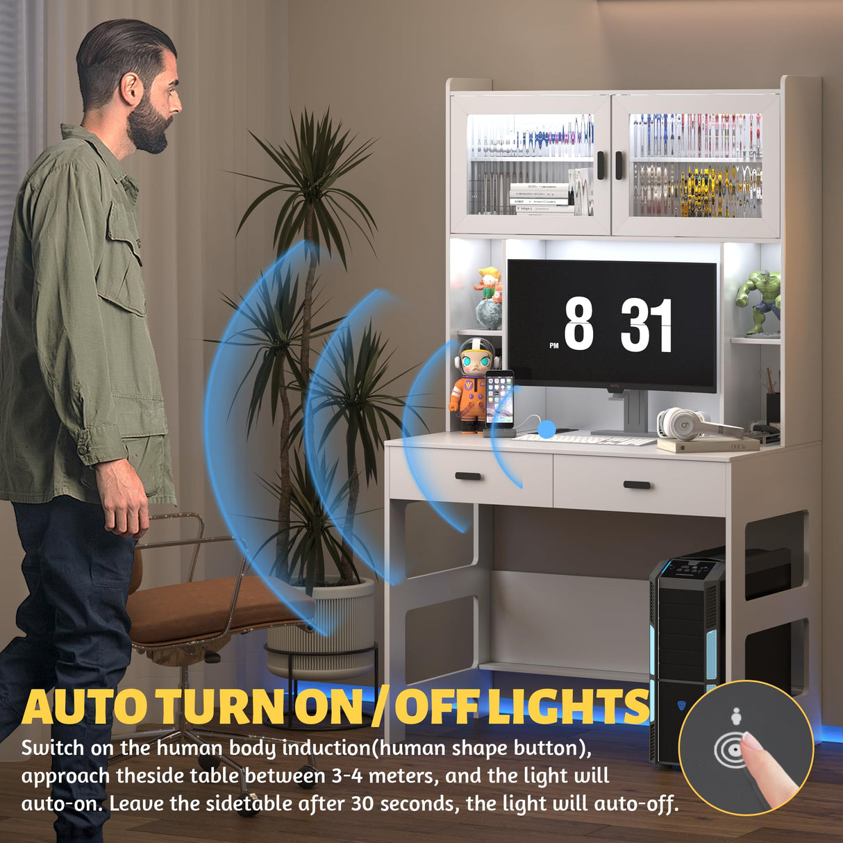 LVSOMT Home Office Desk with Hutch, Modern Computer Gaming Desk with LED Lights & Power Outlets, White Study Table with Storage Shelves, Teen Writing Desk for Bedroom, 40'' W LVSOMT