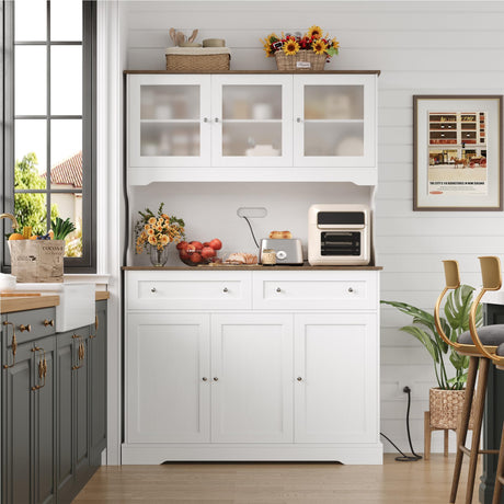 FACBOTALL 71.9" Kitchen Pantry Cabinet, Tall Storage Cabinet, Kitchen Cabinets with Countertop and Outlets, Farmhouse Kitchen Pantry Storage Cabinet with Doors and Shelves for Kitchen, White FACBOTALL