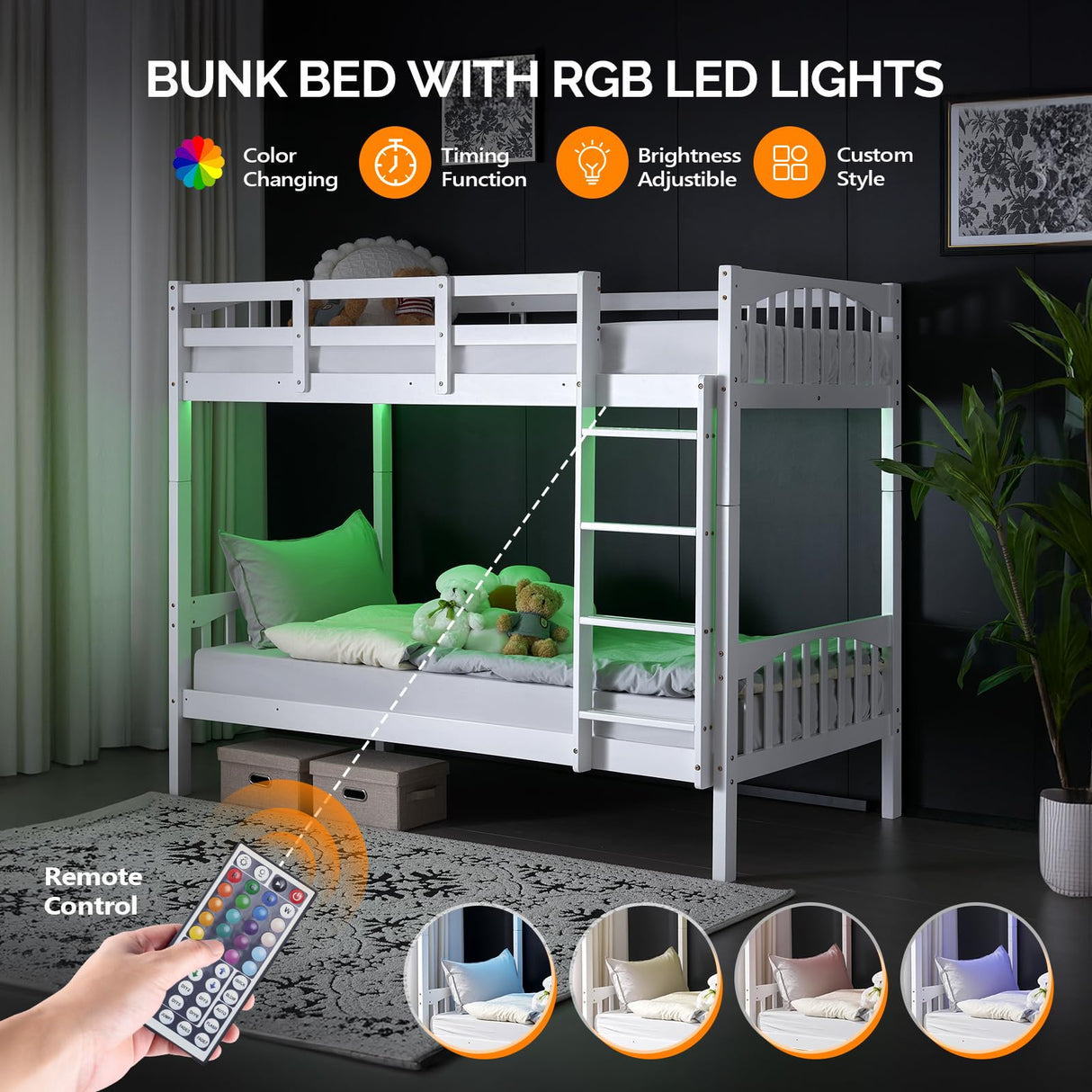 VINGLI Twin Over Twin Solid Wood Bunk Bed with LED Lights, USB Ports, and High Guardrails - White VINGLI