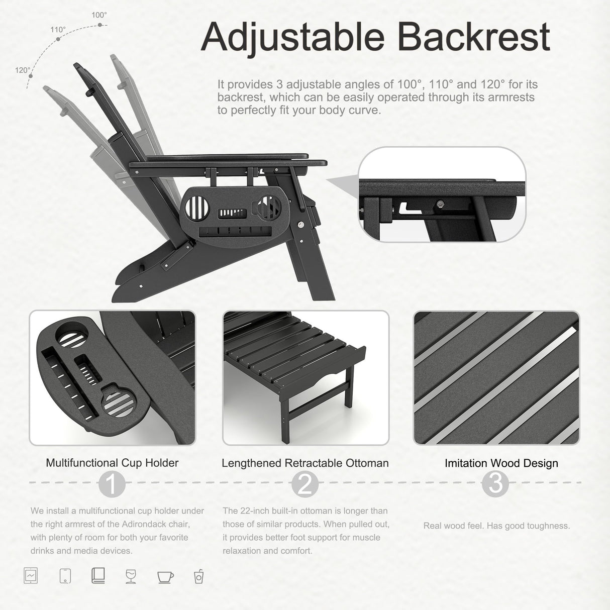 NAVINE Adjustable Adirondack Chair Set of 2 with Ottoman, Folding Adirondack Chair, HDPE Adirondack Chair with Multifunctional Cup Holder Trays for Deck, Terrace, Patio, Poolside, Fire Pit. NAVINE