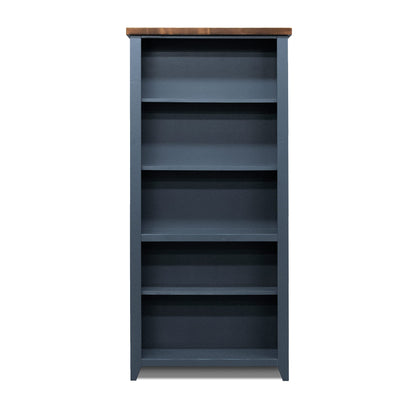 Bridgevine Home Nantucket 72-Inch Modern Farmhouse 5-Shelf Bookcase in Blue Denim and Whiskey Finish - WoodArtSupply