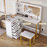 DWVO Vanity Desk with LED Lighted Mirror and 3 Lighting Modes, L-Shaped Corner Vanity Table, 48" Large Dressing Table with 5 Tempered Glass Drawers with Open Storage Shelves, White DWVO