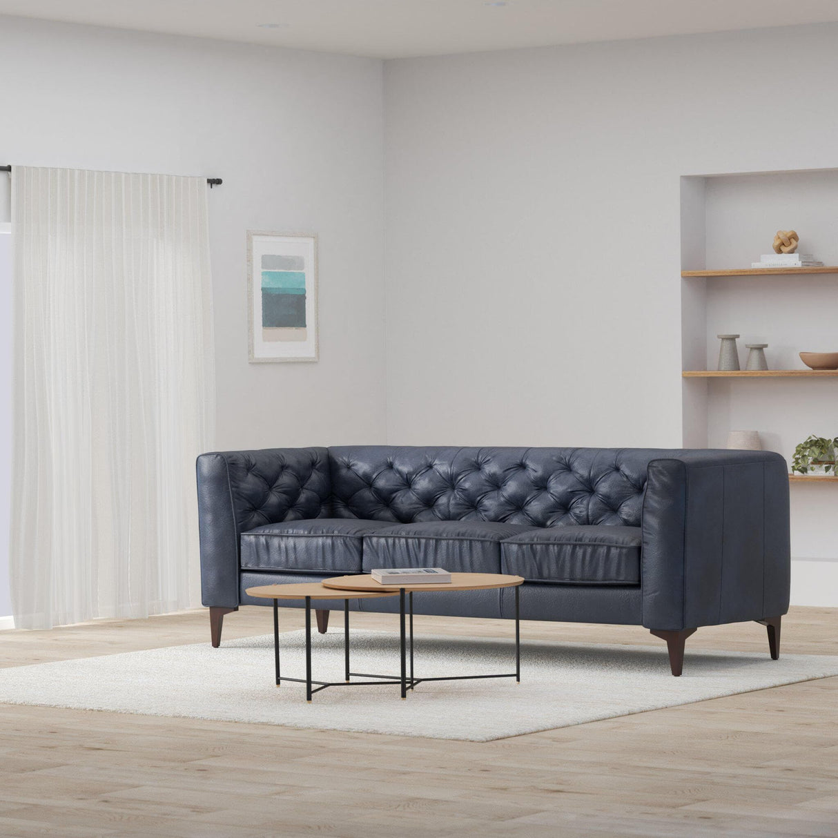 POLY & BARK Essex Leather Couch - 89-Inch Sofa with Tufted Back - Full-Grain Leather Sofa for Living Room with Feather-Down Topper - Living Room Couch - Vintage Italian Leather in Midnight Blue POLY & BARK