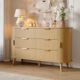 Decofy Fluted 6 Drawers Dresser, 55'' Wide Mid Century Modern Chest of Drawers with Sliding Door & Metal Handles, Curved Profile & Sturdy Legs, Wood TV Stand for Bedroom, Living Room (Natural Oak) Decofy