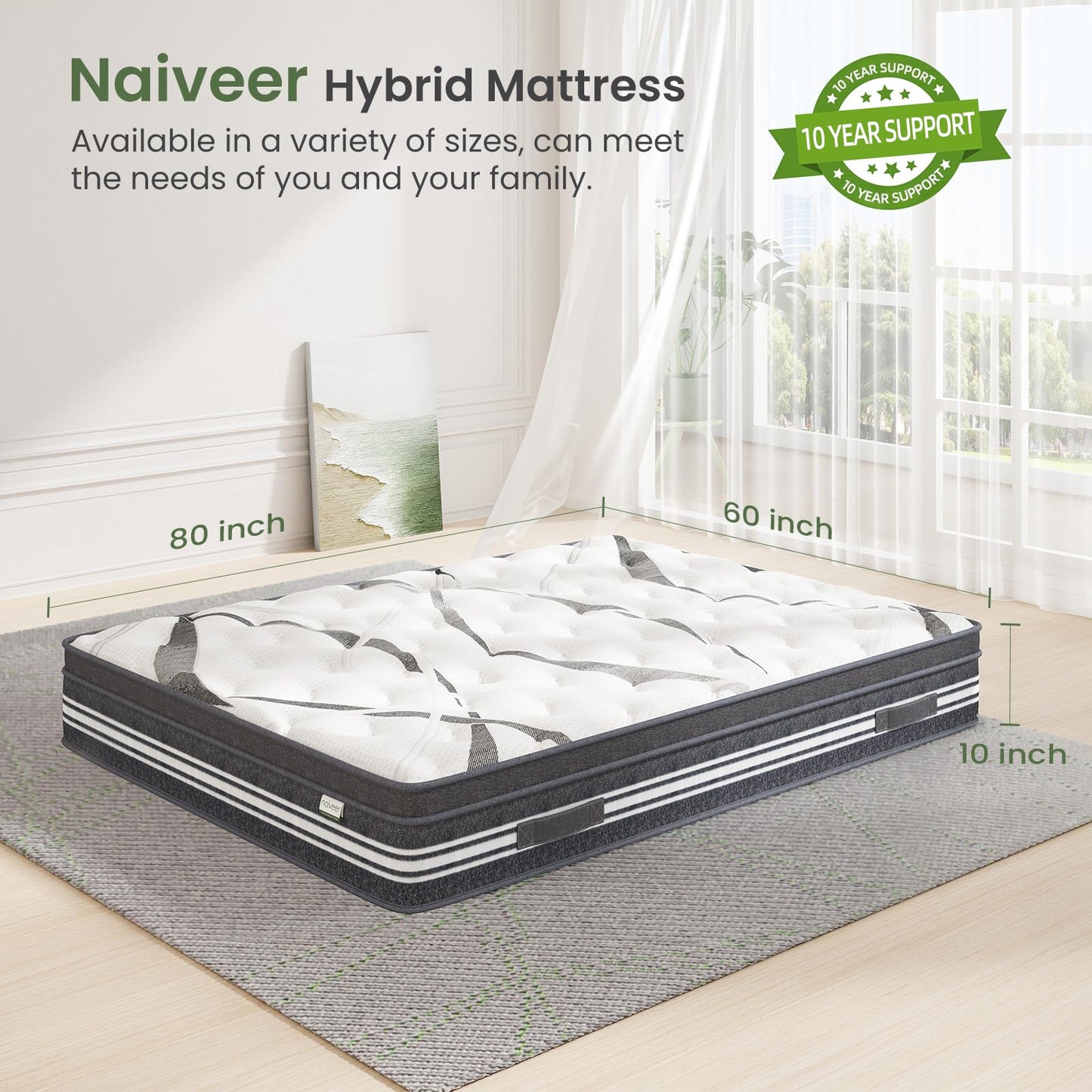 Naiveer Queen Mattress 10 Inch, Memory Foam Mattress Queen with Innerspring, Queen Size Mattress in A Box, Hybrid Mattress Queen CertiPUR-US Certified, Medium Firm for Back Pain & Pressure Relieve