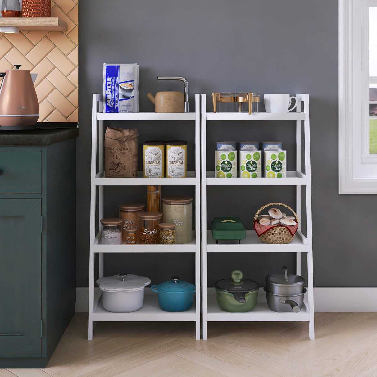 SMIBUY Ladder Shelf, 4 Tier Bamboo Bookshelf, Bathroom Storage Organizer Plant Display Stand, Freestanding Open Shelving Unit with Handles for Home Office (White) SMIBUY