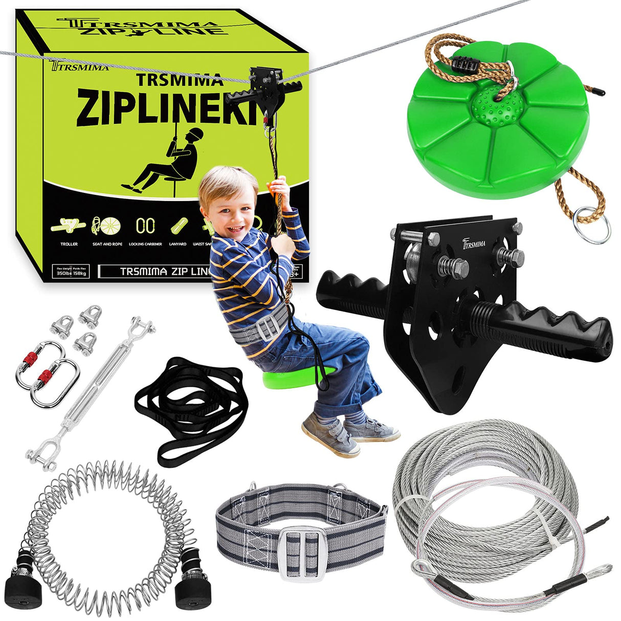 100ft /120ft /150ft Zip Line Kit for Kids and Adult Up to 330 lb with Zipline Spring Brake and Safety Harness, Zip line Trolley with Handle and Thickened Seat,for Backyard Playground Entertainment TT TRSMIMA