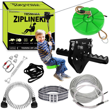 100ft /120ft /150ft Zip Line Kit for Kids and Adult Up to 330 lb with Zipline Spring Brake and Safety Harness, Zip line Trolley with Handle and Thickened Seat,for Backyard Playground Entertainment TT TRSMIMA