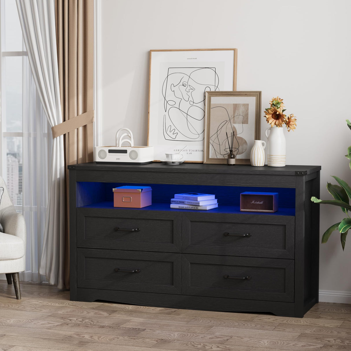 METOTI Black Dresser for Bedroom with 4 Drawers, Dresser and Chest of Drawers with LED Lights for Up to 60-inch TV, for Living Room, Entryway, Hallway(Black) METOTI