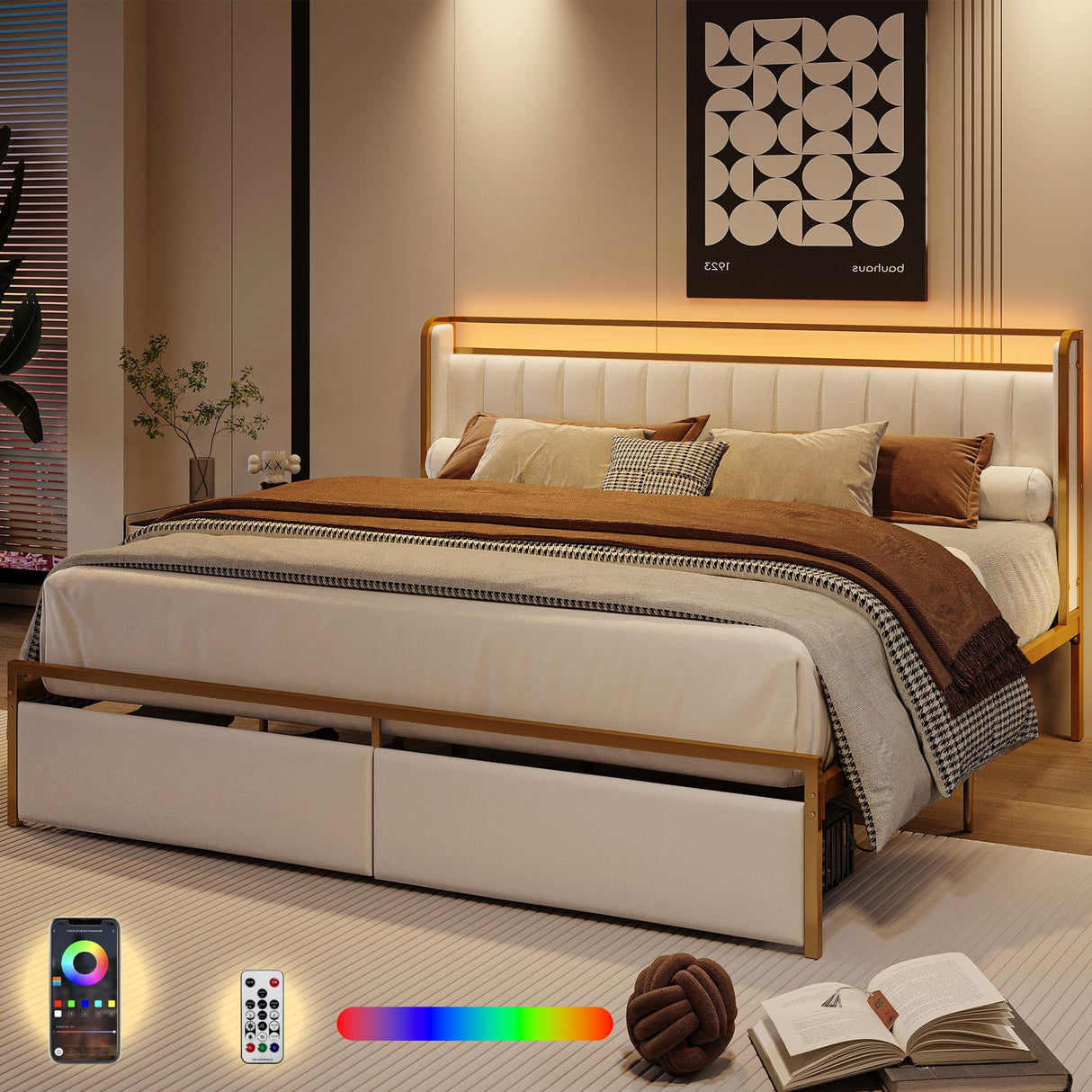 LIKIMIO Queen Bed Frame with Armrests Headboard & RGB Light, Upholstered Queen Size Bed Platform with Drawers, No Box Spring Needed, Study & No Noise, Modern Gold and White LIKIMIO