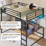 DICTAC Full Loft Bed with L-Shaped Desk and 7 Storage Drawers,Metal Full Size Loft Bed for Teen with LED Lights and Charging Station,13.11" H Safety Guardrail and Ladder,No Box Spring Needed, Black DICTAC