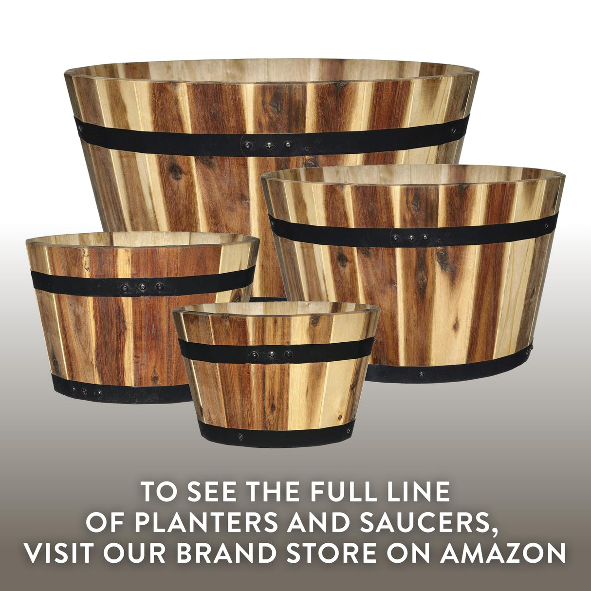 Classic Home and Garden Acacia Wood Whiskey Barrel Planter with Black Metal Band, 21in D x 12.5in H Classic Home & Garden