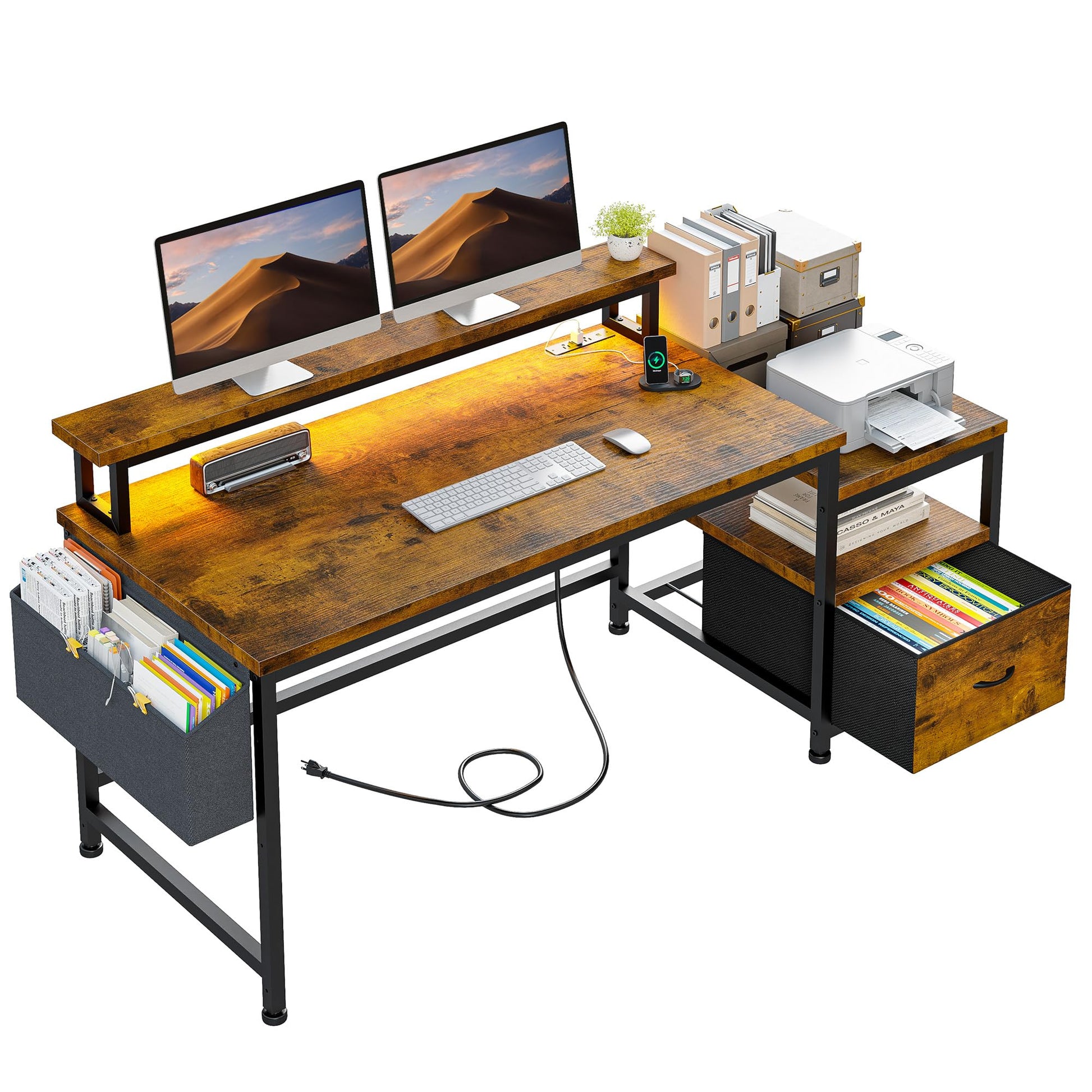 EnHomee 56.5" Computer Desk with File Drawers Cabinet,Home Office Desk with Shelves Monitor Stand,Study Writing Gaming Desk with Power Outlets,Work Table with Printer Space,Rustic Brown - WoodArtSupply