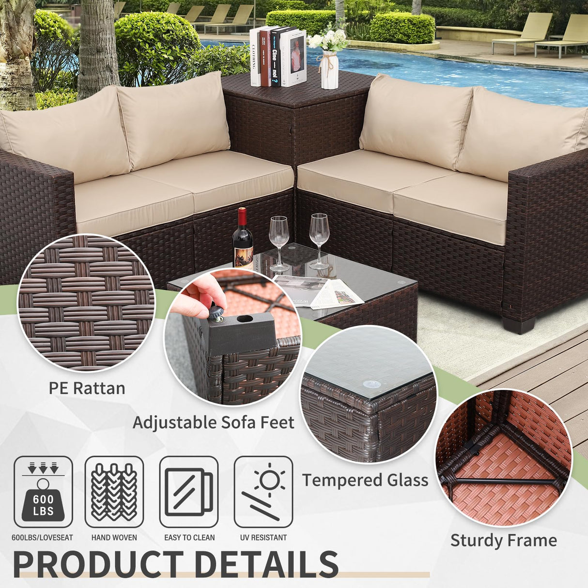 WAROOM Outdoor Patio Furniture Set 4 Piece Brown Rattan Sectional Sofa Couch PE Wicker Conversation Sets with Storage Box Glass Top Table and Non-Slip Khaki Cushion WAROOM
