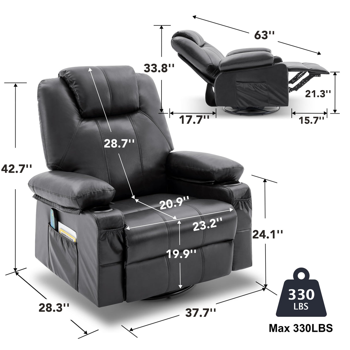 Reedvales Oversized Swivel Rocker Recliner Sofa Chair with Heat and Massage, Big Recliner Sofa Chair for Living Room, 360 Degree Swivel Single Sofa with Cup Holders and USB Port(Leather, Black) Reedvales