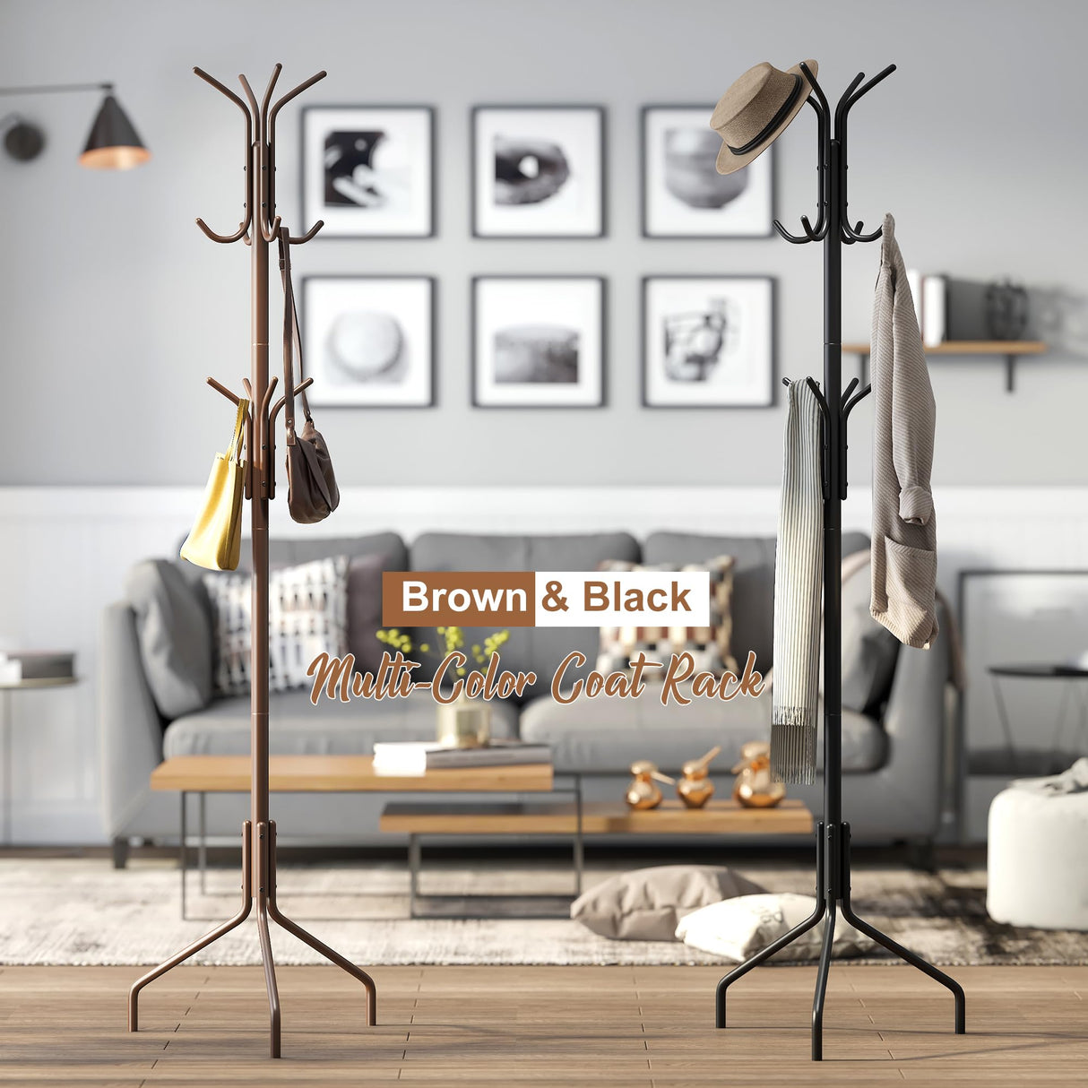 FILWH Coat Rack Freestanding Coat Tree Standing Coat and Hat Hanger Jacket Organizer Rack Metal,18.3" L x 18.3" W x 71.5" H, Black FILWH