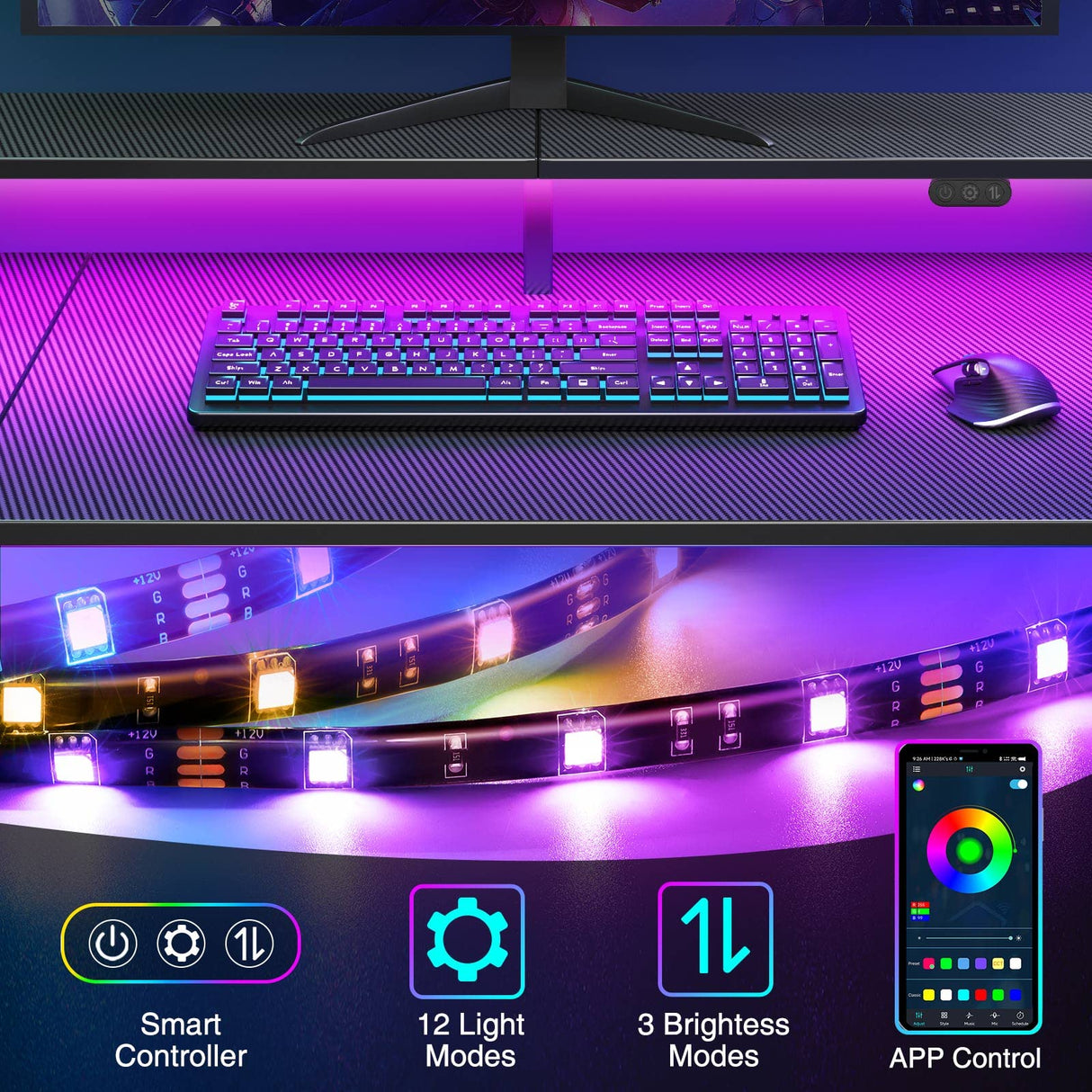 SEVEN WARRIOR L Shaped Gaming Desk with LED Lights & Power Outlets, 55” Reversible Corner Desk with Storage Shelf, Computer Desk with Monitor Stand, Gaming Table with Cup Holder, with Hooks, Black SEVEN WARRIOR