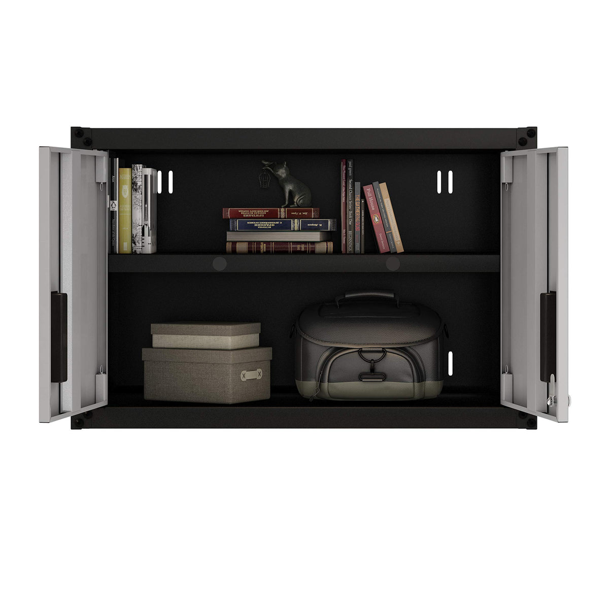 itbe Ready-to-Assemble Floating Garage Storage Cabinet - Wall Mount Garage Cabinet w/Lockable 2 Doors, 44 lbs Shelf Capacity, Removable Shelf, Small Steel Metal Cabinet(Black and Grey) itbe