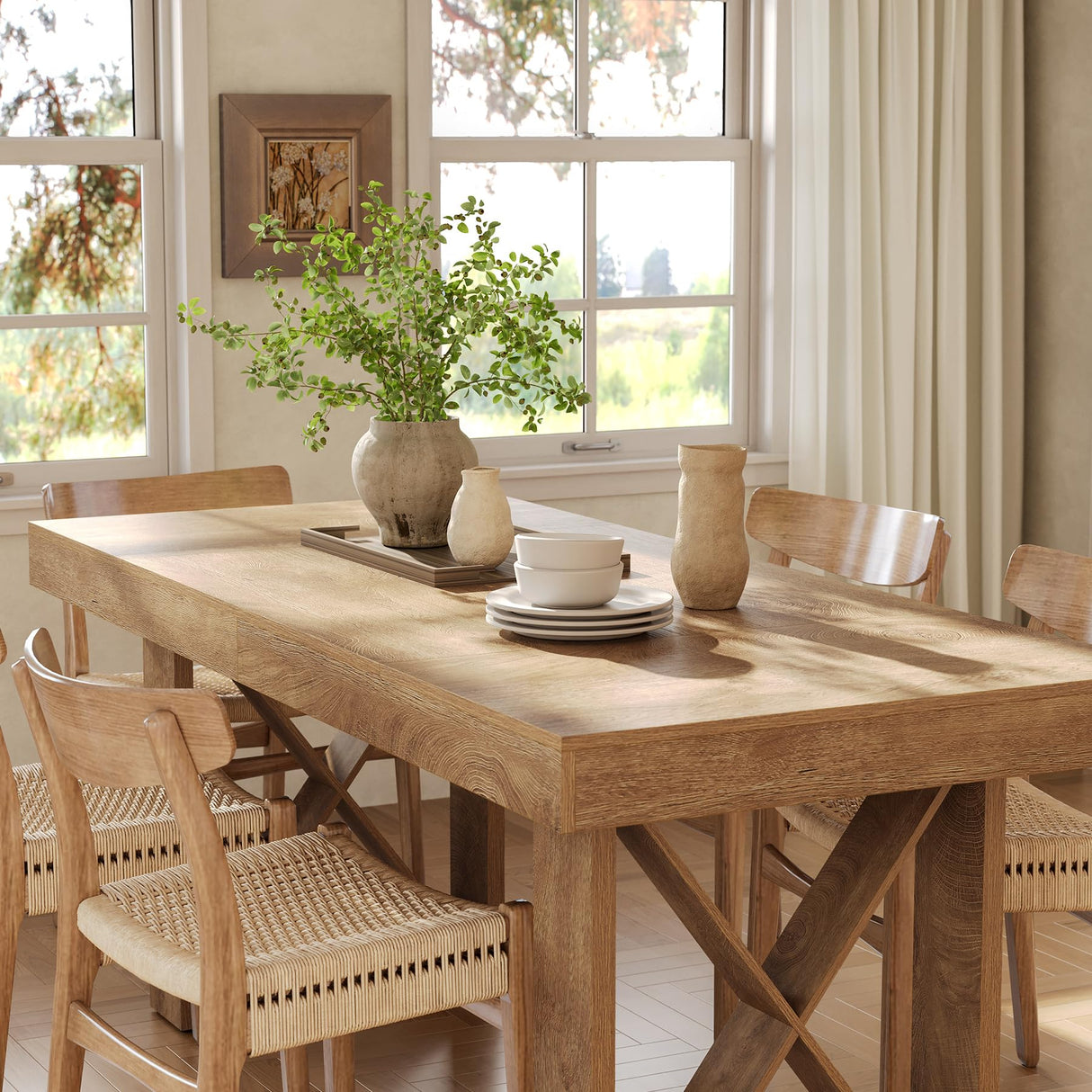 LITTLE TREE 63-Inch Rectangle Dining Table for 4-6 People, Farmhouse Thick Appearance Design, Rectangular Kitchen Dinner Table for Home, Rustic Yellowish Brown LITTLE TREE