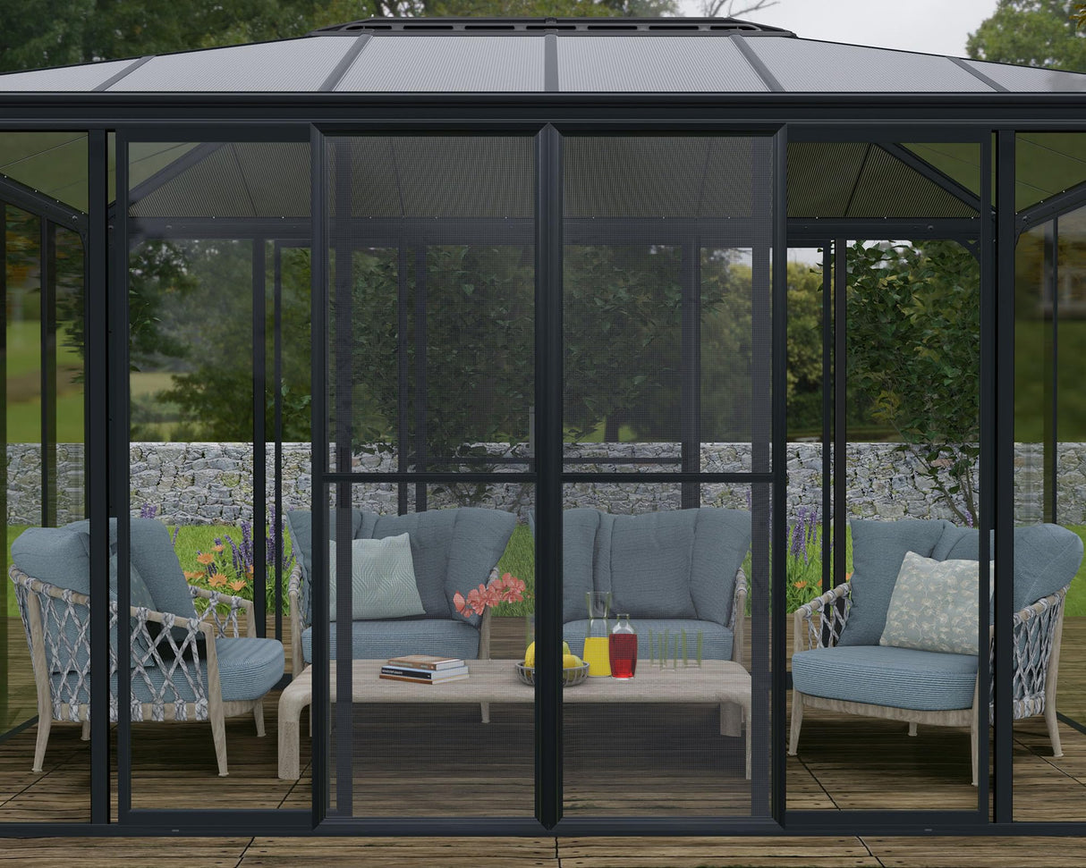 Palram - Canopia Sanremo 10x18 Enclosed Patio Cover with Screen Doors, Gray DIY Sunroom Kit Lean to Gazebo with Walls to Cover Patio Furniture, Deck, & Porch, UV Protected Polycarbonate Shelter Palram