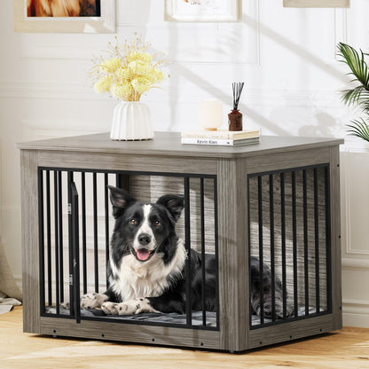 YITAHOME Dog Crate Furniture for Large Dogs, Side End Table, Modern Dogs Kennel Indoor up to 60 lb, 2-in-1 Iron-Wood Fusion Dog Cage with Waterproof Top, Safety Corners, Steel Lock,38" L,Grei - WoodArtSupply