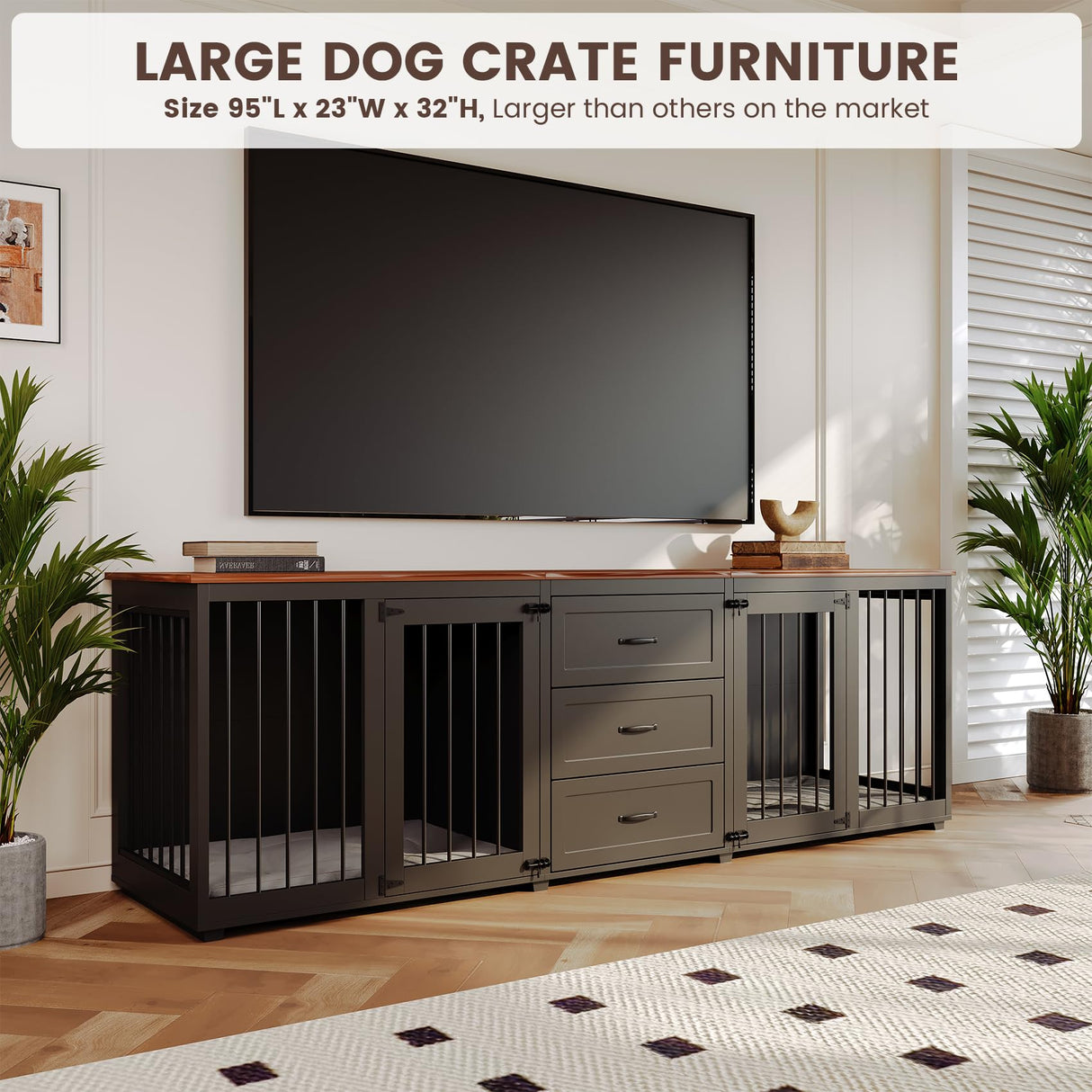 Furniture Style Dog Crate - Farmhouse Wooden Dog Kennel Furniture with 3 Drawer, Double Doors with Locks, 95"x23"x32"H, Black MOWPEX