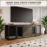 Furniture Style Dog Crate - Farmhouse Wooden Dog Kennel Furniture with 3 Drawer, Double Doors with Locks, 95"x23"x32"H, Black MOWPEX