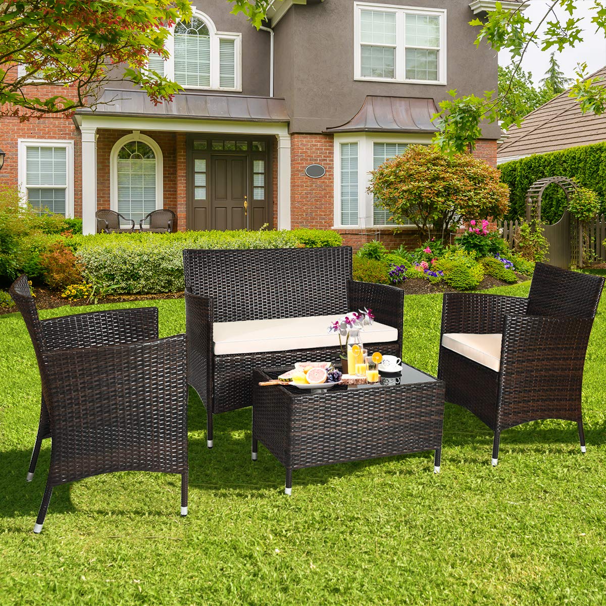 Tangkula 8 PCS Patio Rattan Conversation Set, Outdoor Wicker Furniture Set with Tempered Glass Coffee Table &Thick Cushion, Rattan Chair Wicker Set for Garden, Lawn, Poolside and Backyard (2, Brown) Tangkula