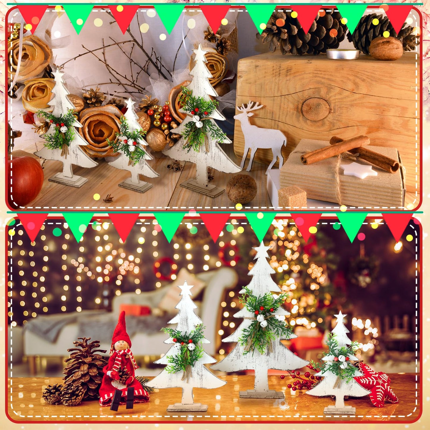 3 Pcs Wooden Christmas Tree Tabletop Decoration Farmhouse Wood Christmas Trees Christmas Centerpieces Rustic Sanding Freestanding Table with Star Berry Bells Pine Xmas Centerpiece for Home Kitchen