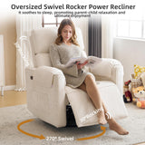 Rhevoy Oversized Power Recliner Chair, 26" Extra Wide Swivel Rocker Recliner with Adjustable Headrest, Chenille Glider Rocking Nursery Chair with Overstuffed Armrest, USB Ports, Cream Rhevoy