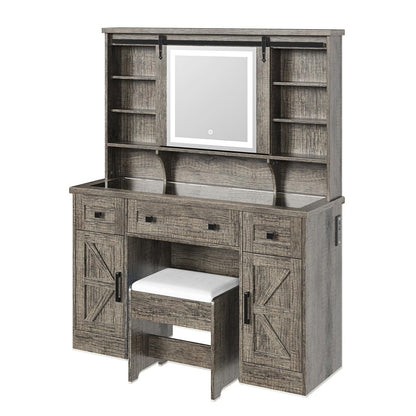 LUXOAK Farmhouse Makeup Vanity Desk with Sliding Mirror and Lights, 47'' Glass Tabletop Vanity Table with Charging Station, Large Vanity Set with Drawers, Stool, Barndoor Cabinets for Bedroom - WoodArtSupply