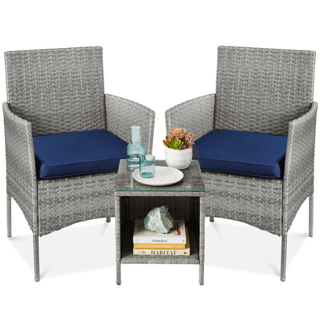 Best Choice Products 3-Piece Outdoor Wicker Conversation Bistro Set, Space Saving Patio Furniture for Garden w/Side Table - Gray/Navy Best Choice Products