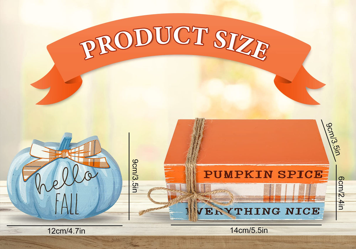 Whaline Fall Wooden Tiered Tray Decor Faux Decorative Stacked Books Bundle Wooden Pumpkin Decor Hello Fall Wooden Block Sign for Autumn Thanksgiving Farmhouse Rustic Decor Kitchen Home Decoration Whaline