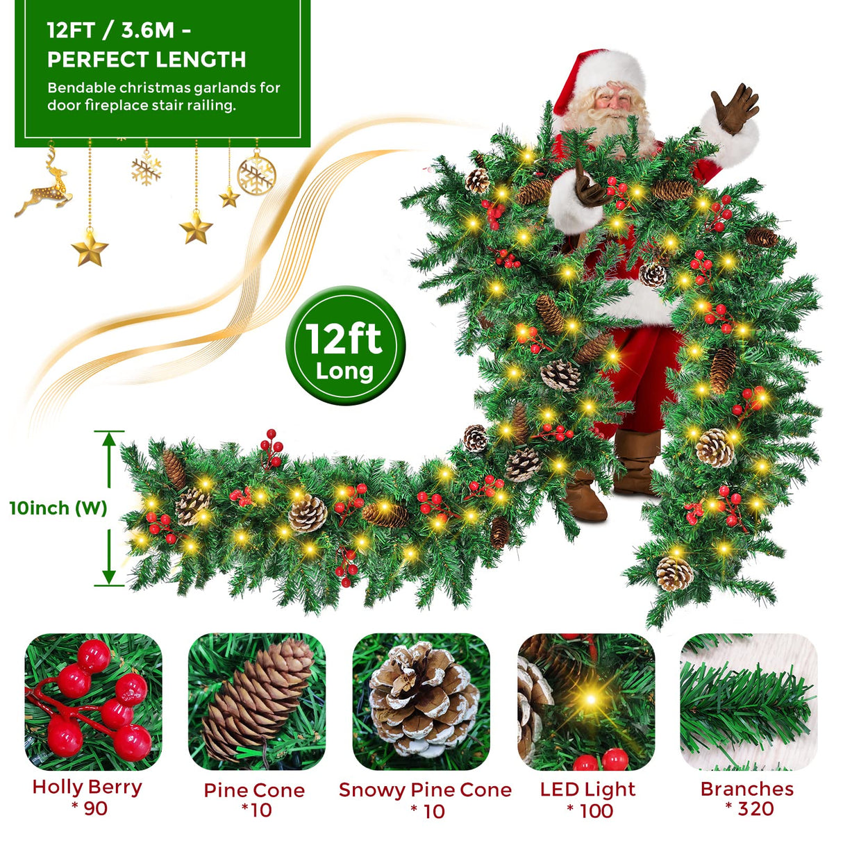 Mduvoz Christmas Garland, 12FT Prelit Christmas Garland with 100 LED Lights, Greenery Xmas Garland with 20 Pine Cones 90 Red Berry Christmas Decoration for Indoor Outdoor Home Mantel Fireplace Mduvoz