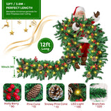 Mduvoz Christmas Garland, 12FT Prelit Christmas Garland with 100 LED Lights, Greenery Xmas Garland with 20 Pine Cones 90 Red Berry Christmas Decoration for Indoor Outdoor Home Mantel Fireplace Mduvoz
