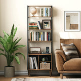 JOINICE 5-Tier Ladder Bookshelf with Cabinet,Mid Century Modern Bookshelf with Adjustable Shelf,Tall Bookshelf with Charging Station,Wood and Metal Display Rack for Living Room,Bedroom,Office,Walnut JOINICE