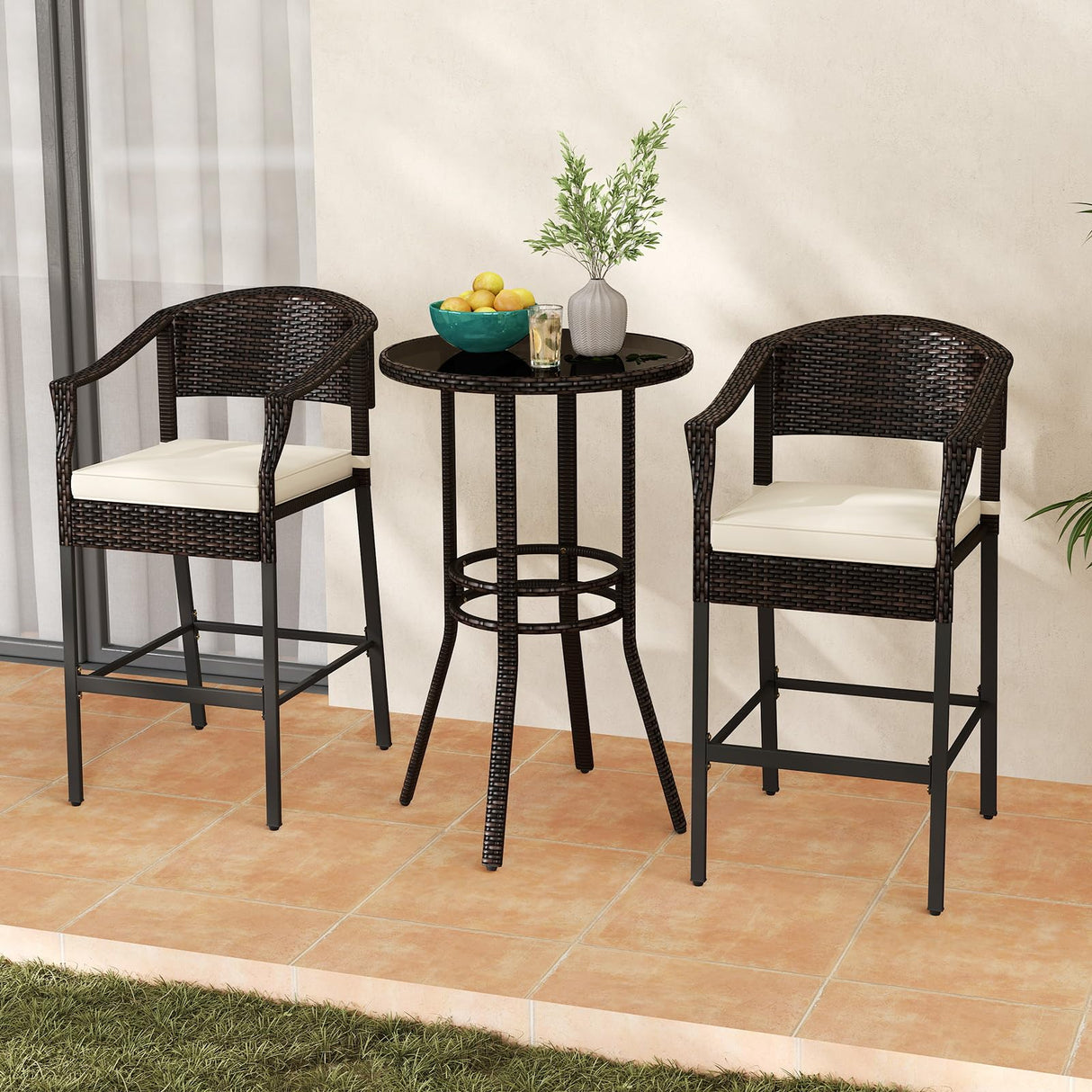 RELAX4LIFE 3-Piece Outdoor Bar Set - Patio Wicker Rattan Bar Height Barstools w/Cushions, Footrest, Round Glass Top Table, High Top Bistro Table & Chairs Set of 2 for Pool Porch Balcony (Brown-Beige) RELAX4LIFE