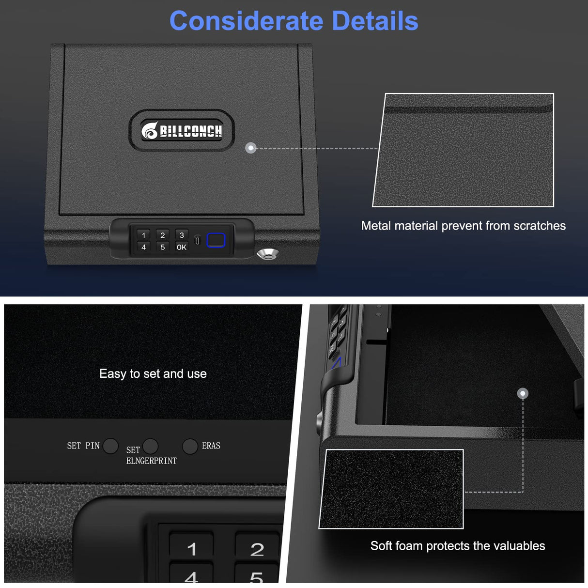 Gun Safe,Biometric Gun Safe for Pistols 3-Ways unlock Safe Fingerprint Digital PIN Key Unlock with Voice, Gun lock box for Cloakroom living room Bedroom Nightstand and Car BILLCONCH BILLCONCH